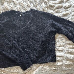 Free People Fuzzy Black V-Neck Sweater
